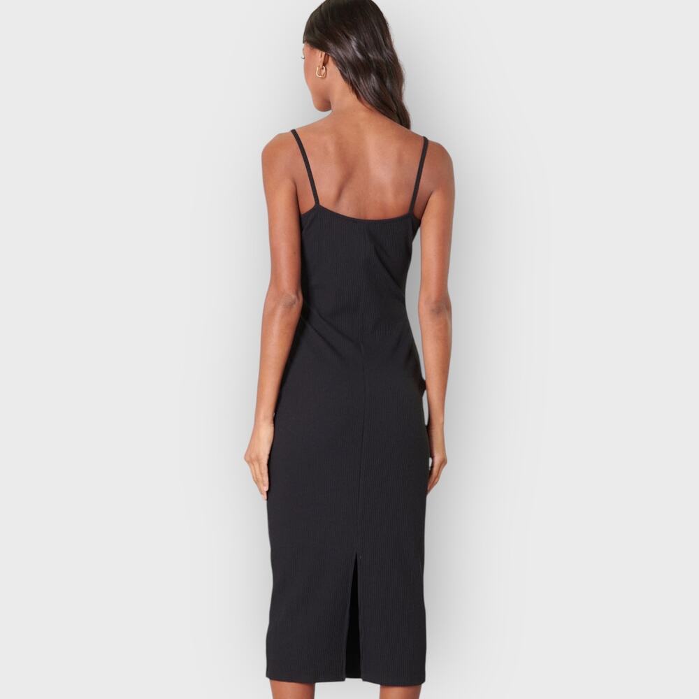 Womens L Black Ribbed Knit Midi Dress Scoop Neck Sleeveless Bodycon Quiet Luxury - Picture 5 of 8
